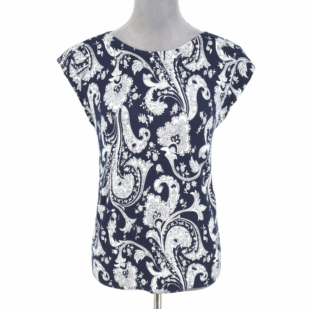 Talbots Sweater Petites SP PS Navy Blue White Paisley Lightweight Top Pullover
